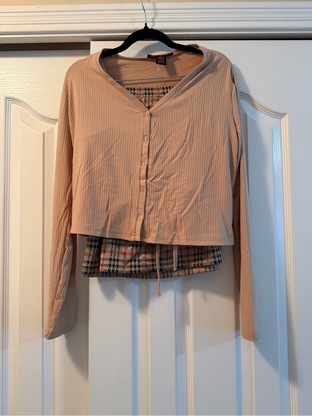 3pc Ribbed Button-Front Crop Top in Beige